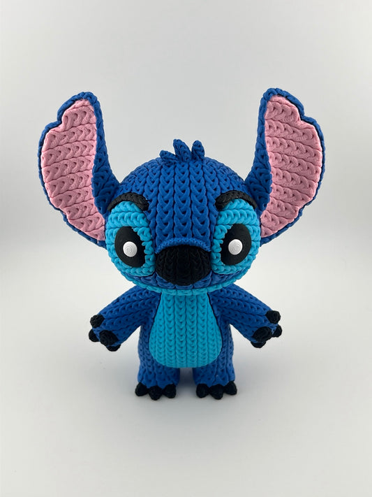 Crochet-style 3D printed Stitch figure, front view