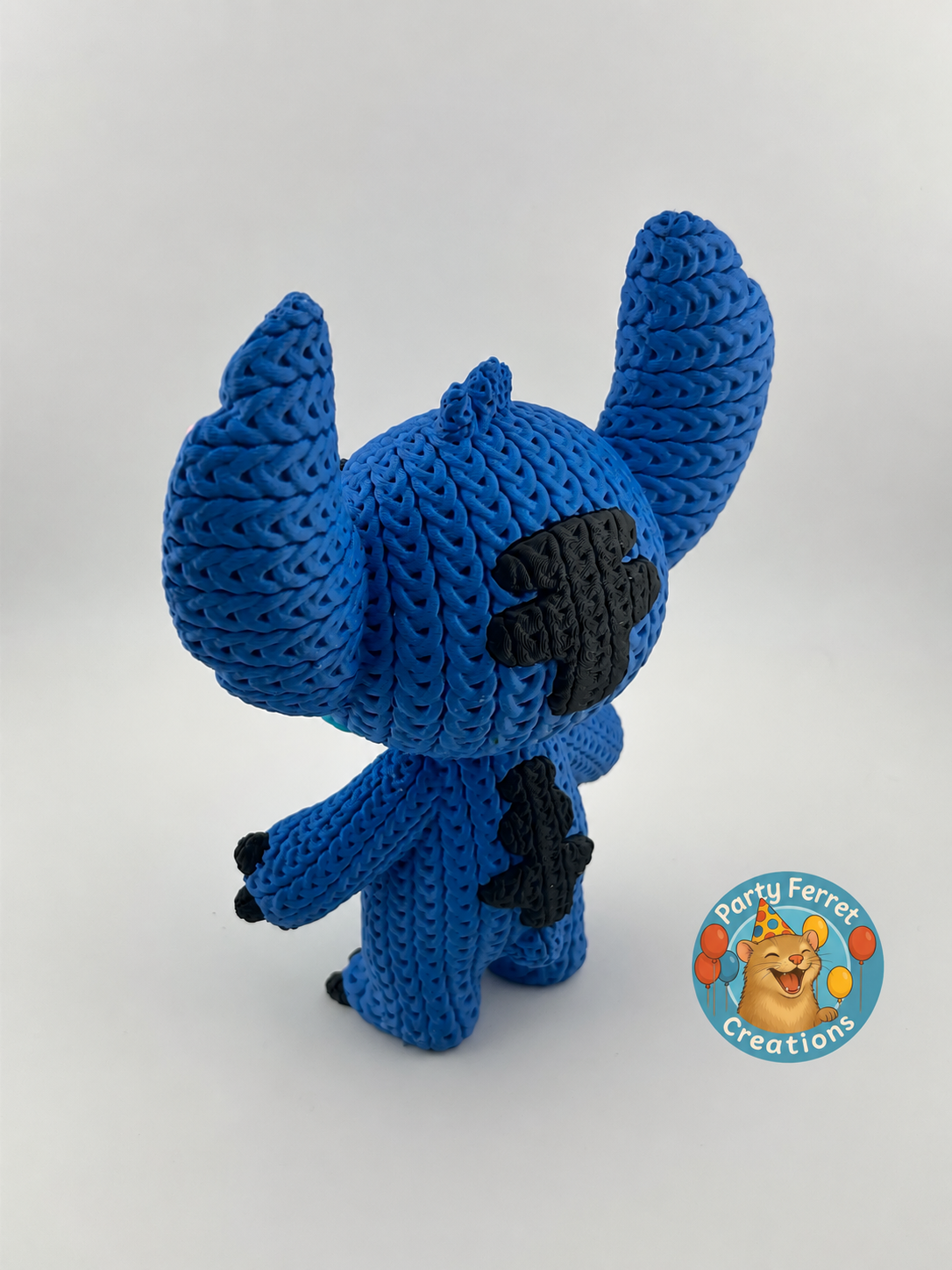 Crochet-style Stitch figure, rear angle with Party Ferret Creations logo