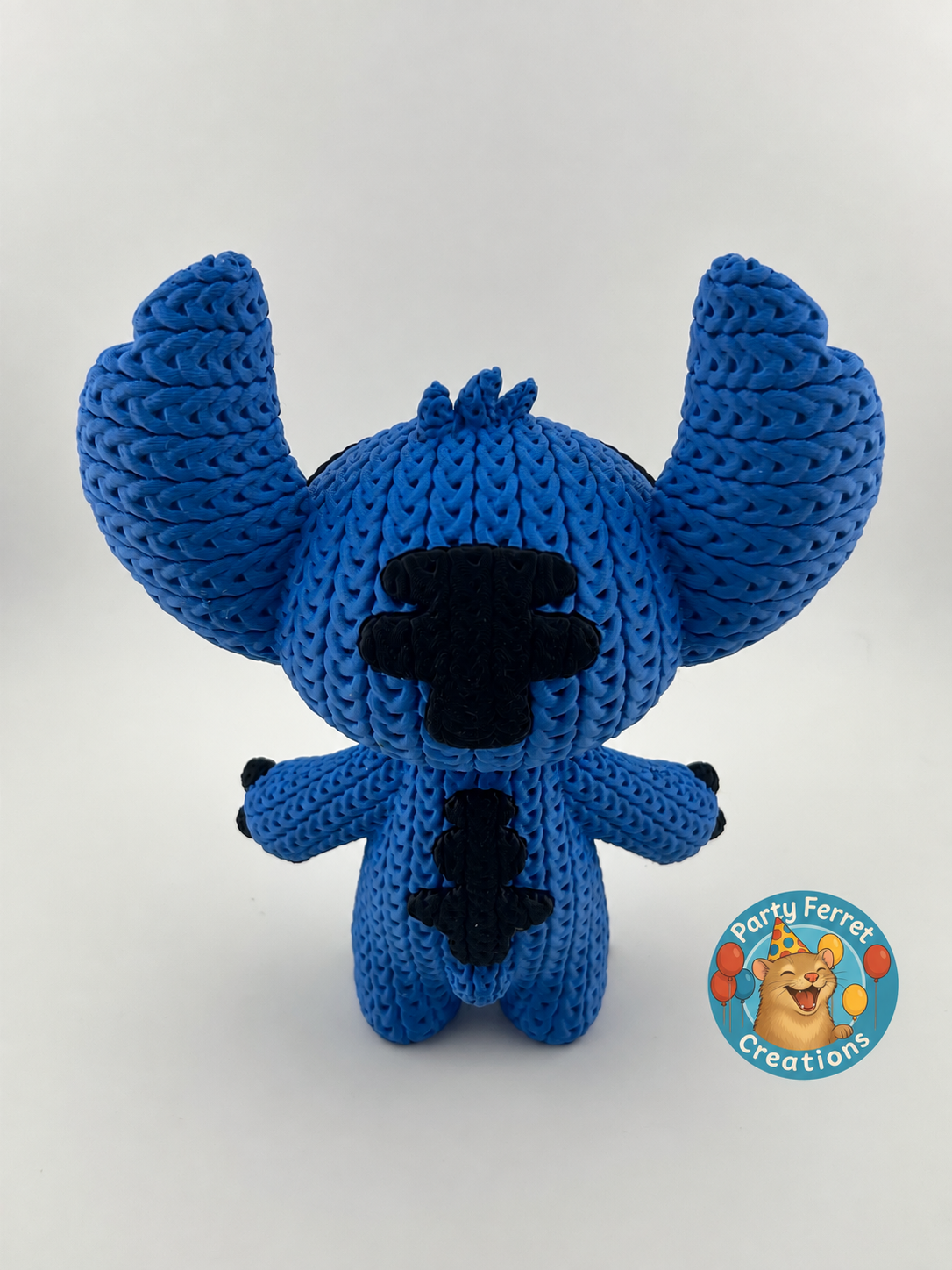 Crochet-style Stitch figure, back view with Party Ferret Creations logo