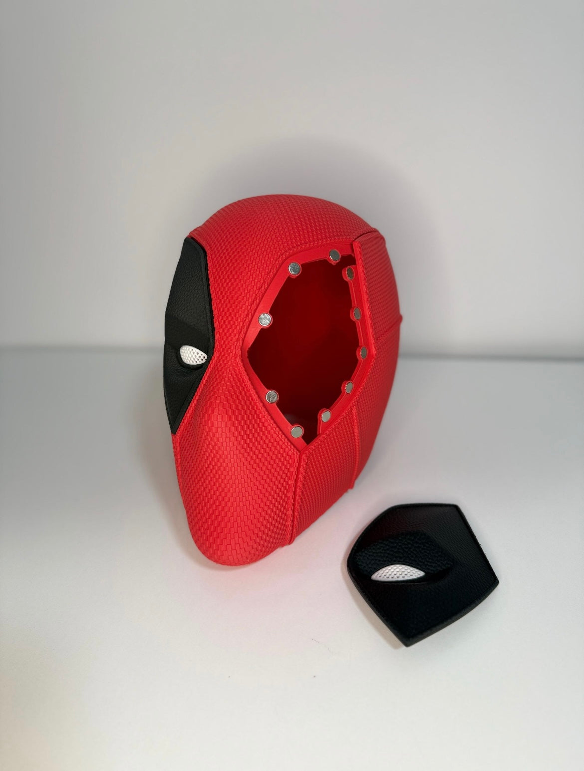 Deadpool helmet with one magnetic eye panel removed