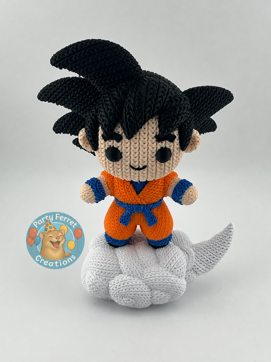 Crochet-style 3D-printed Goku on Nimbus with Party Ferret Creations watermark