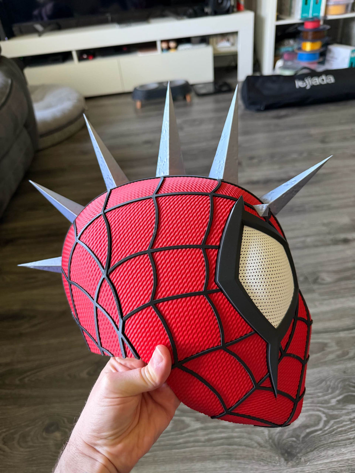 3D printed Spider-Punk helmet, side detail. Spikes shown assembled; shipped unattached.