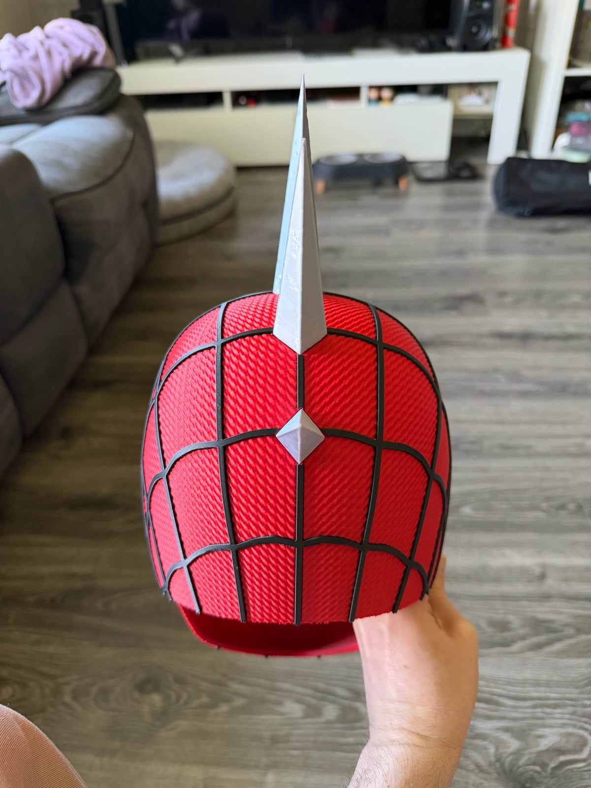 3D printed Spider-Punk helmet, rear view. Spikes shown assembled; shipped unattached.