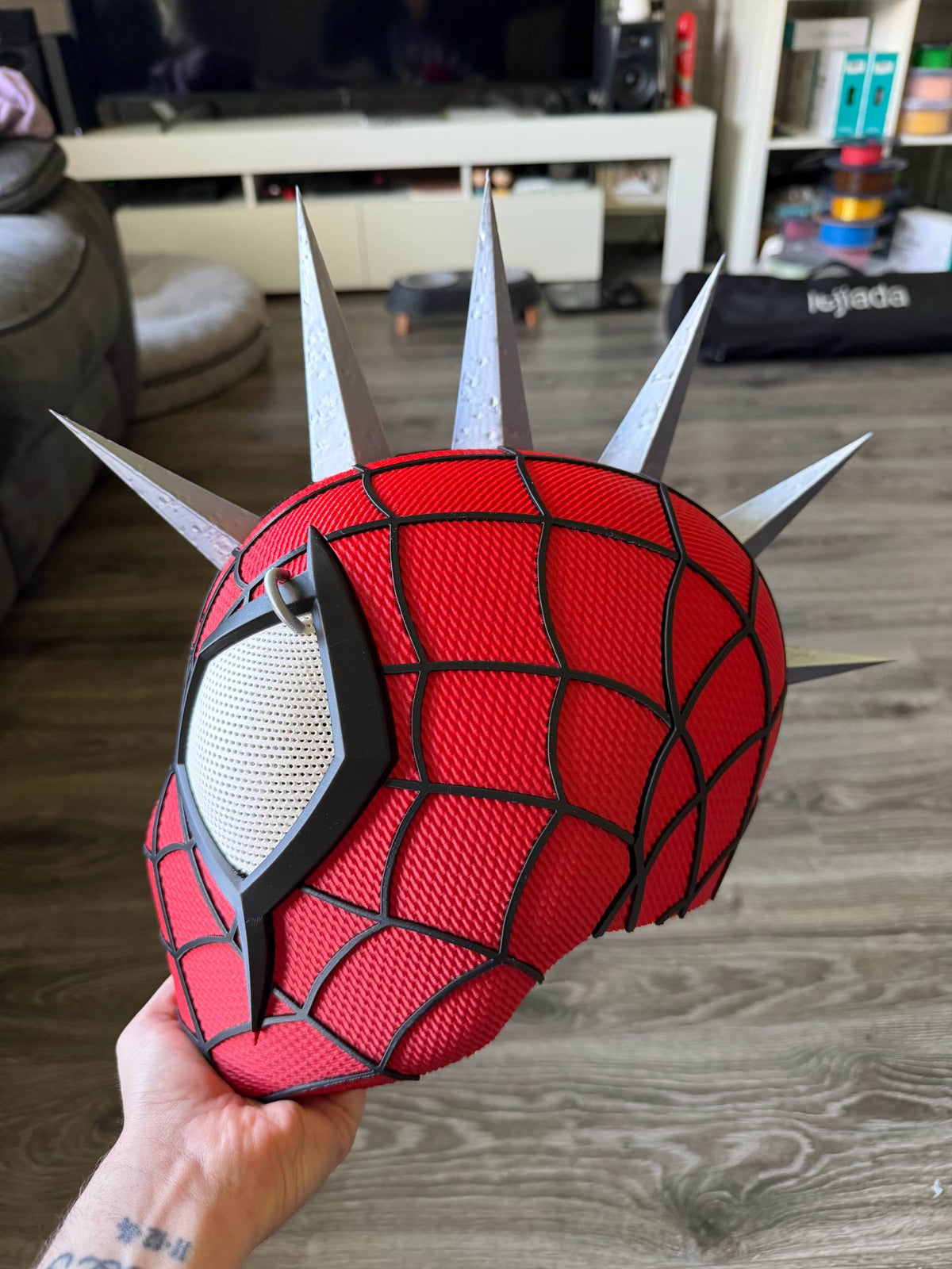 3D printed Spider-Punk helmet, opposite side detail. Spikes shown assembled; shipped unattached.